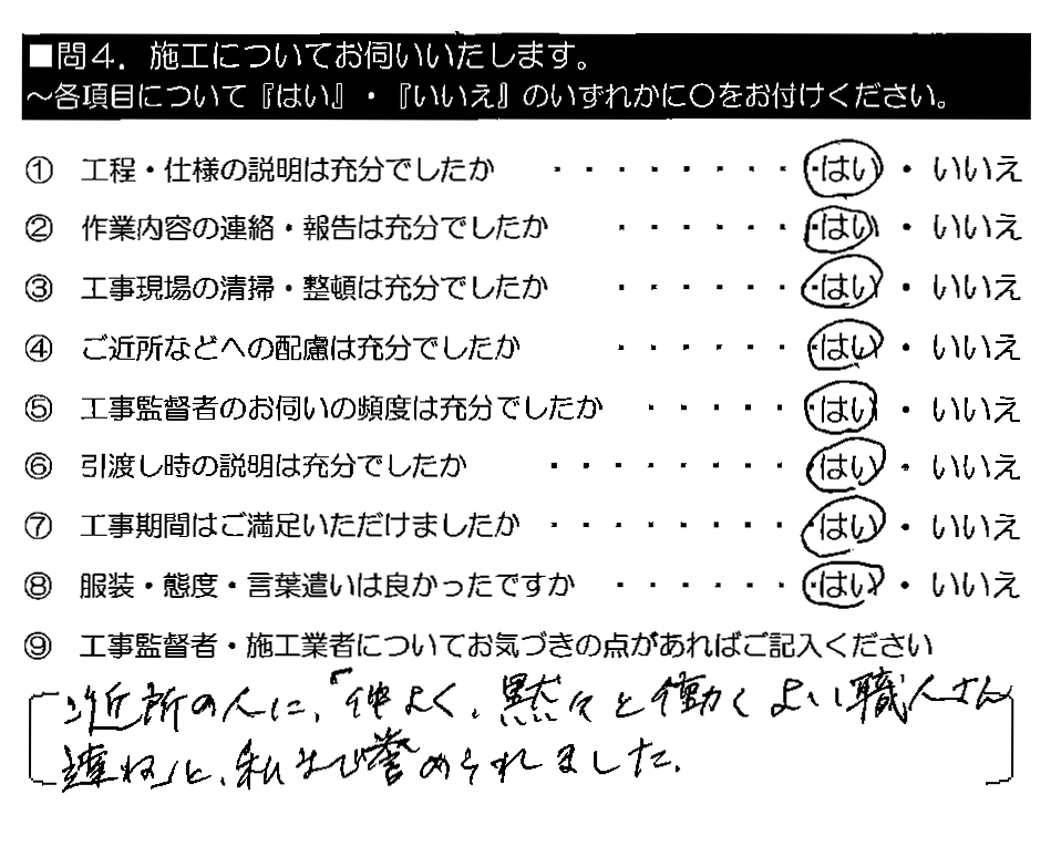 ご近所の人に、「仲良く、黙々と働くよい職人さん達ね」と、私まで誉められました。