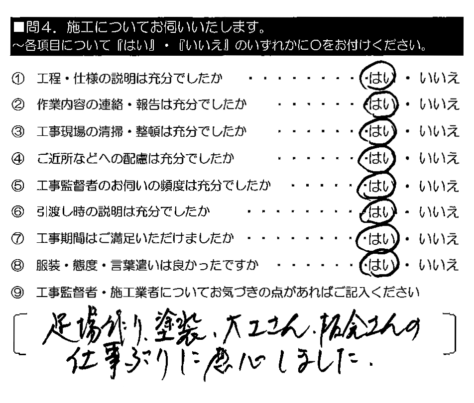 足場作り、塗装、大工さん、板金さんの仕事ぶりに感心しました。